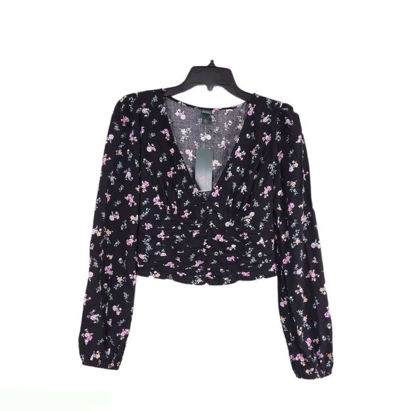 Wild Fable Black Floral Women's Long Sleeve V-Neck - Picture 4 of 8